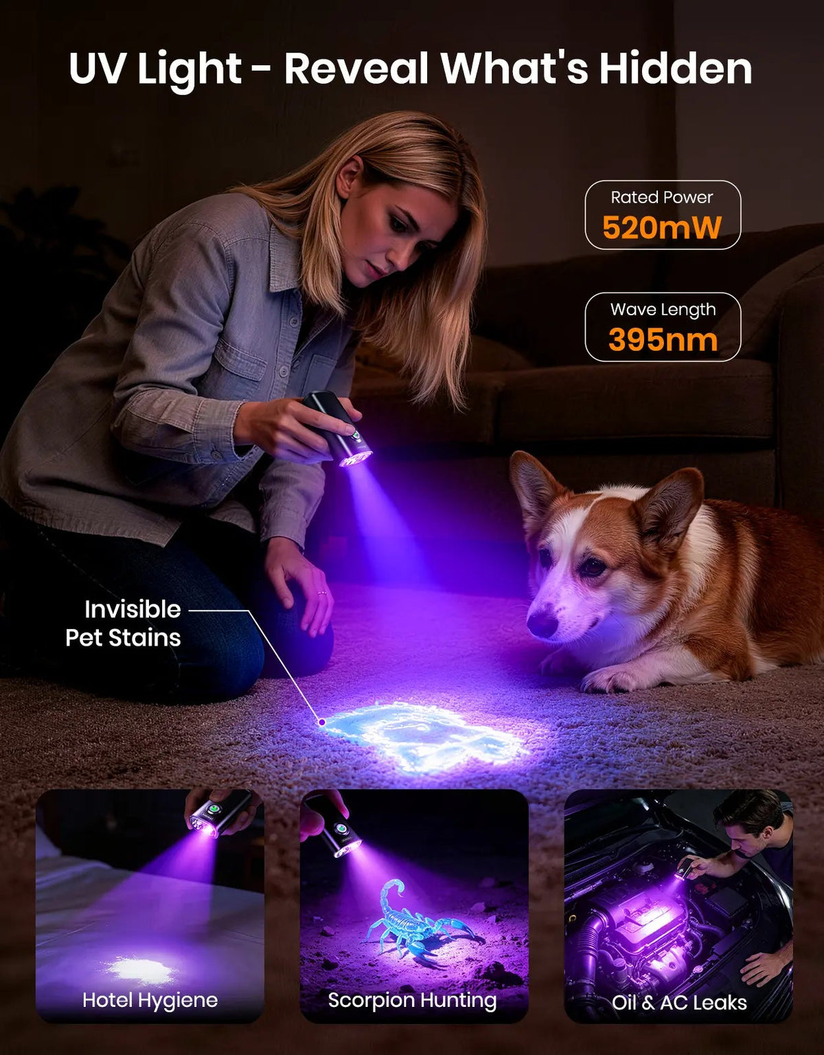 1200LM Bright Pocket EDC Flashlight Rechargeable with 395nm UV Light - zewdov