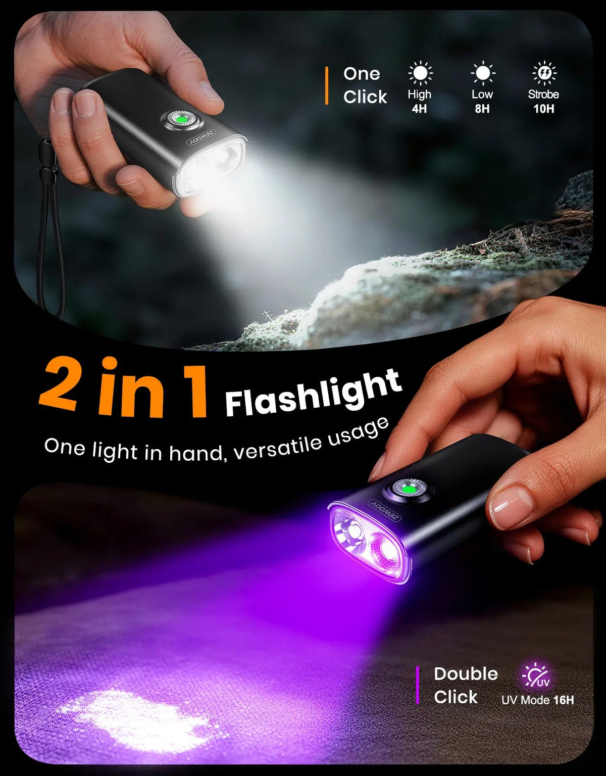 1200LM Bright Pocket EDC Flashlight Rechargeable with 395nm UV Light - zewdov