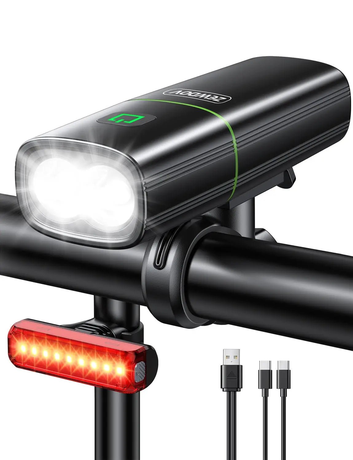 Zewdov 1200LM Bike Light, 2600mAh USB Rechargeable, 2 Ultra Bright LED - zewdov