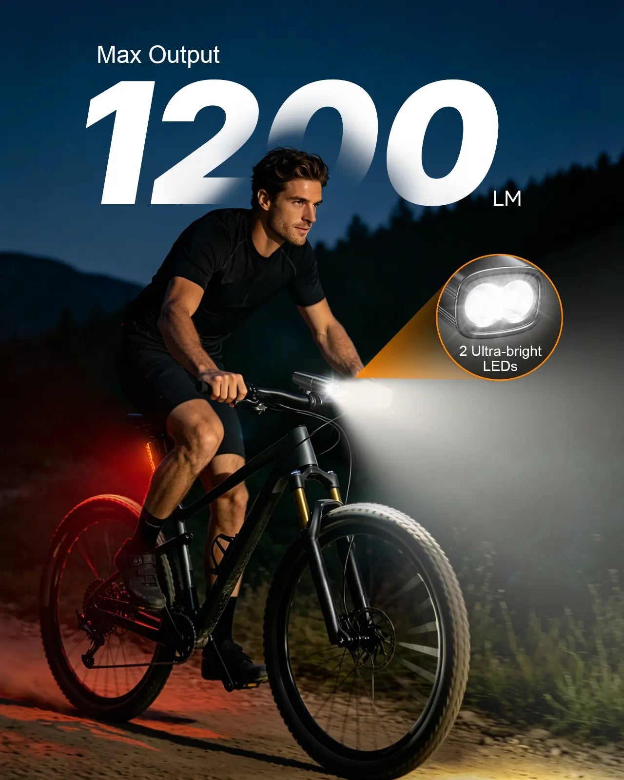 Zewdov 1200LM Bike Light, 2600mAh USB Rechargeable, 2 Ultra Bright LED - zewdov