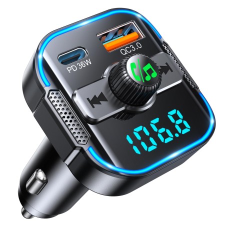 Zewdov 2025 Upgrade Bluetooth 5.3 Car Adapter【PD 36W+QC3.0 18W】, 2-in-1 FM Transmitter 【Dual Stronger Mics】& Fast Car Charger, Wireless FM Radio Adapter Hands-Free Call, Siri Assistant Player
