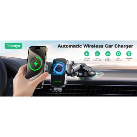 Zewdov Wireless Car Charger, Auto Clamping Car Phone Holder Charger, 15W Fast Charging Phone Mount for Dash Windshield Vent for iPhone 16 15 14 13 12 11 Pro Max, Samsung Galaxy S24+ S23 Ultra S22 S21+