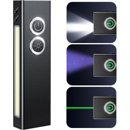 Zewdov 1300LM Magnetic & Clip EDC Flashlight with Spotlight/UV/Green Beam/Floodlight/Red Light, Rechargeable Flat Pocket Flashlight, Aluminium Alloy & IP44 Waterproof for Outdoor/Emergency/Work/Home